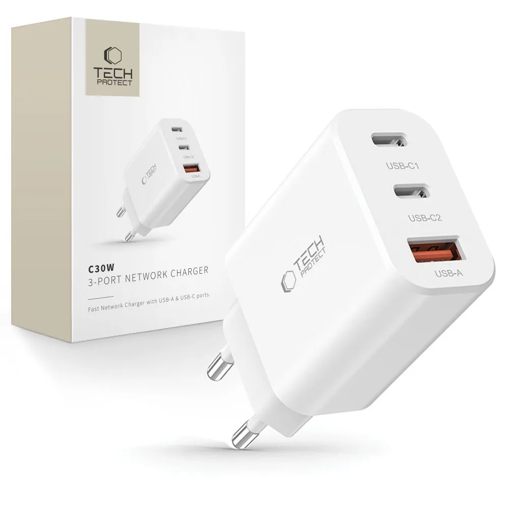 Ładowarka sieciowa Tech-Protect C30W PD QC3.0 2x USB-C USB-A 30W Biały