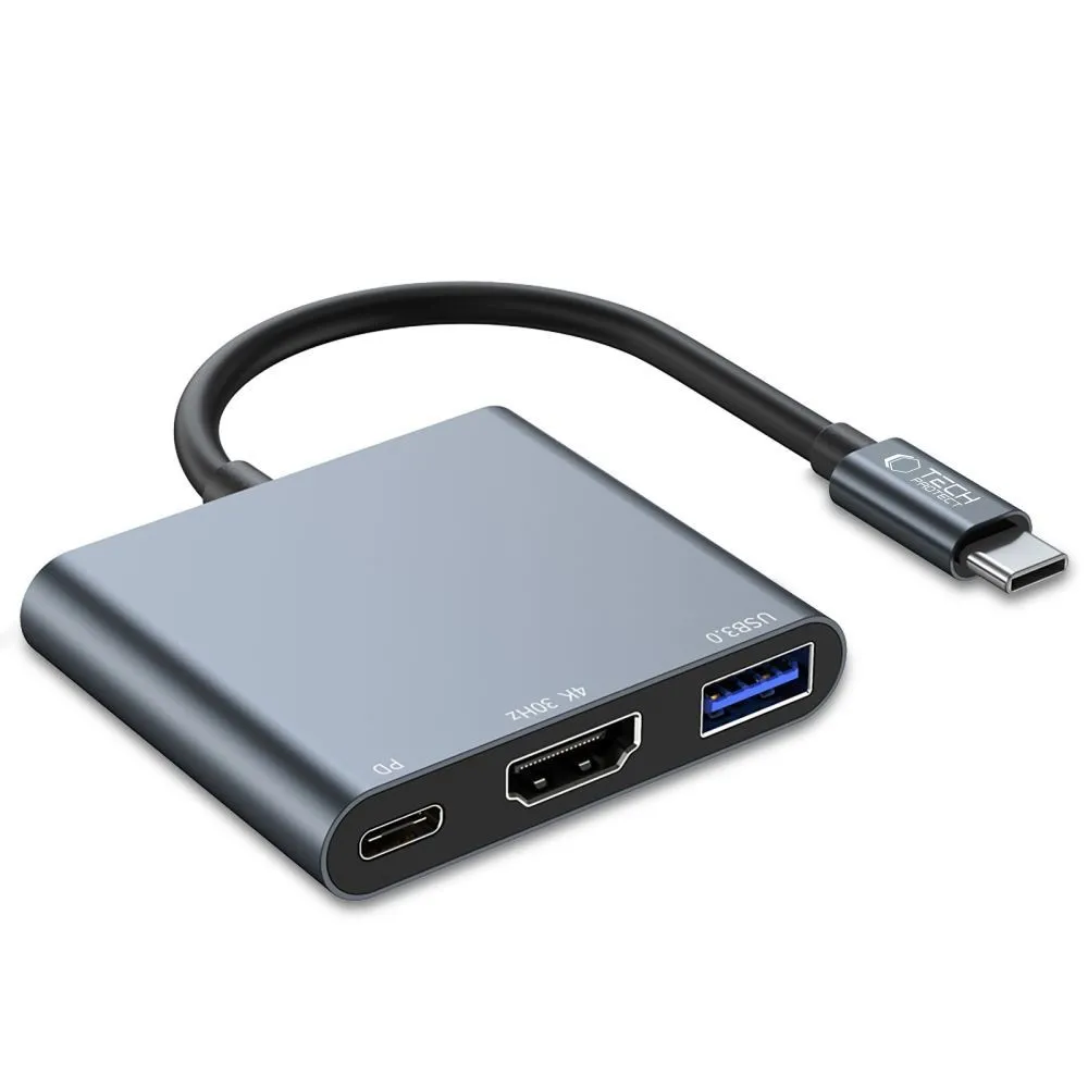 Hub USB Tech-Protect V1 3w1 USB-A 3.0 USB-C PD 100W HDMI 4K 30Hz Szary