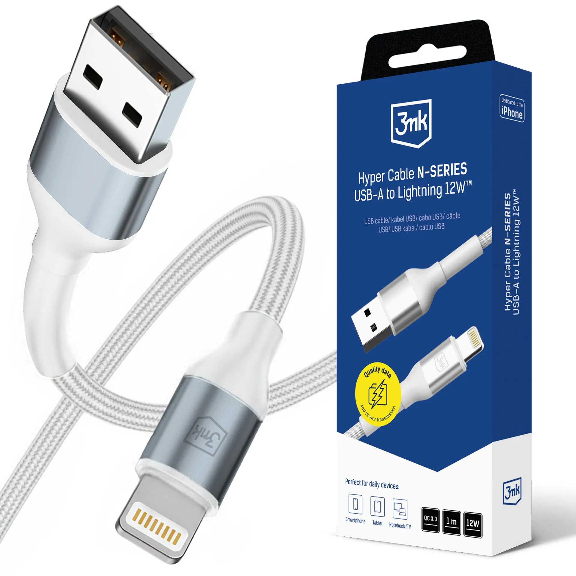Kabel 3mk Hyper Cable N-SERIES QC3.0 5V/2.4A USB-A do Lightning 12W 1m Biały