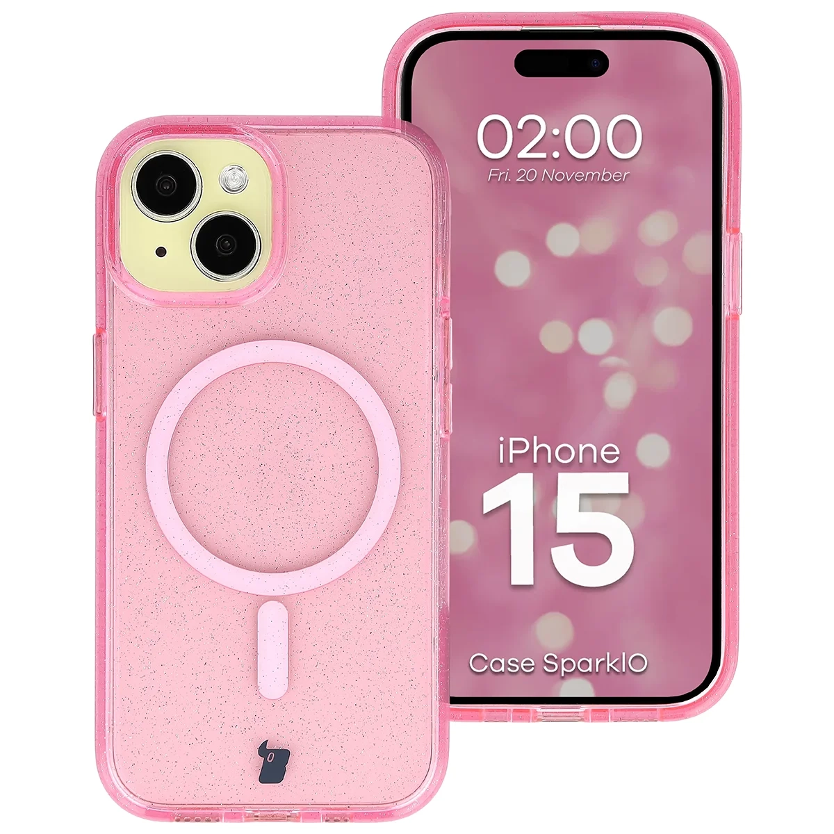 Etui Bizon Case SparklO do iPhone 15 Przezroczysto-Różowe Z Brokatem