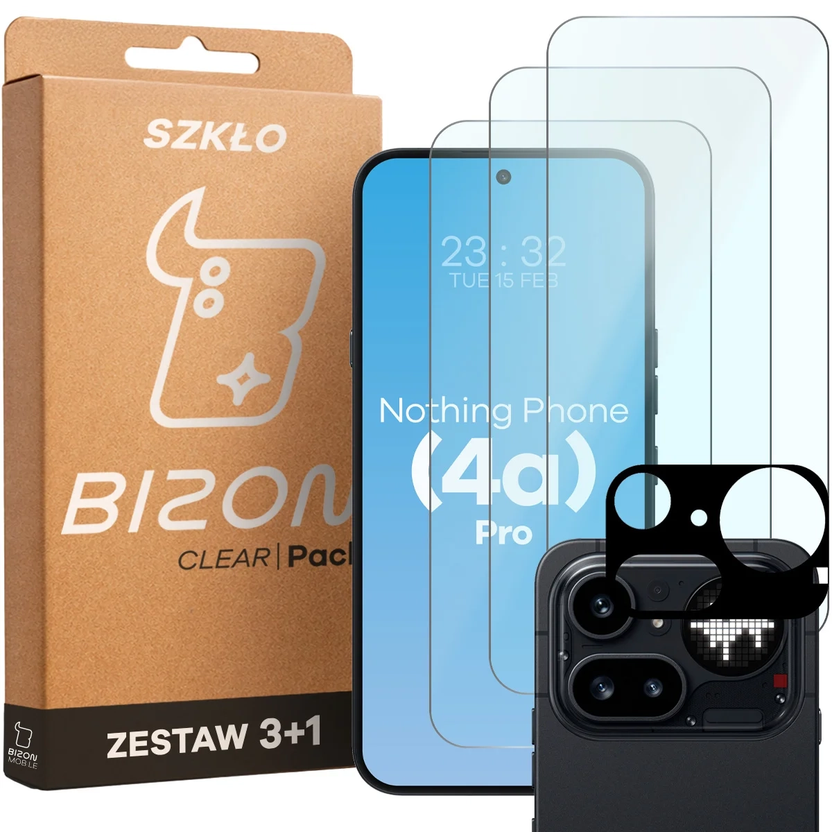 Zestaw ochronny Bizon 3x Szkło + szybka na aparat Glass Clear Pack do Nothing Phone 4a Pro