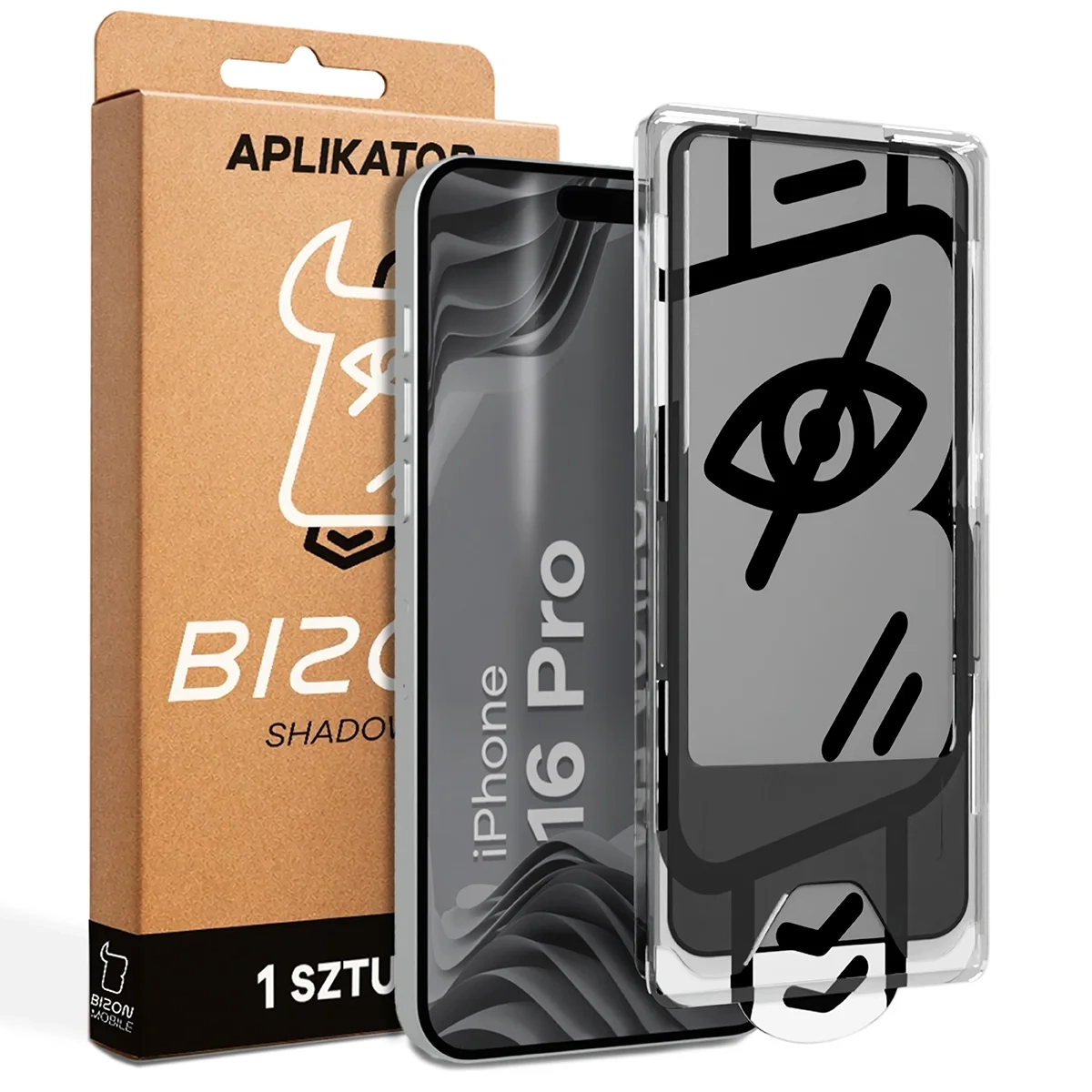 Szkło hartowane Bizon prywatyzujące z ramką montażową Glass Aplikator Shadow do iPhone 16 Pro 1 zestaw