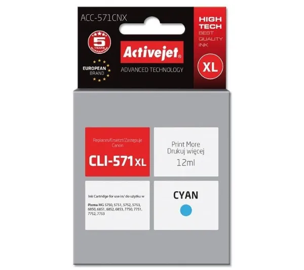 ActiveJet ACC-571CNX (zamiennik CLI-571XL) Błękitny 12 ml