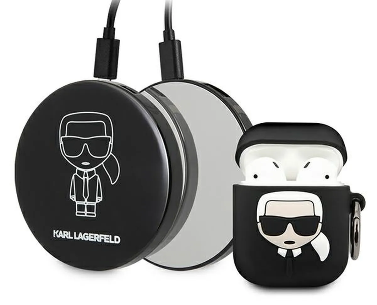 Powerbank Karl Lagerfeld Bundle Ikonik Czarny + Etui na słuchawki KARL LAGERFELD Silicone Ikonik do Apple AirPods 1/2 Czarny