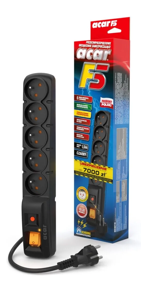 Listwa Acar 5 gniazd 1,5m Czarny
