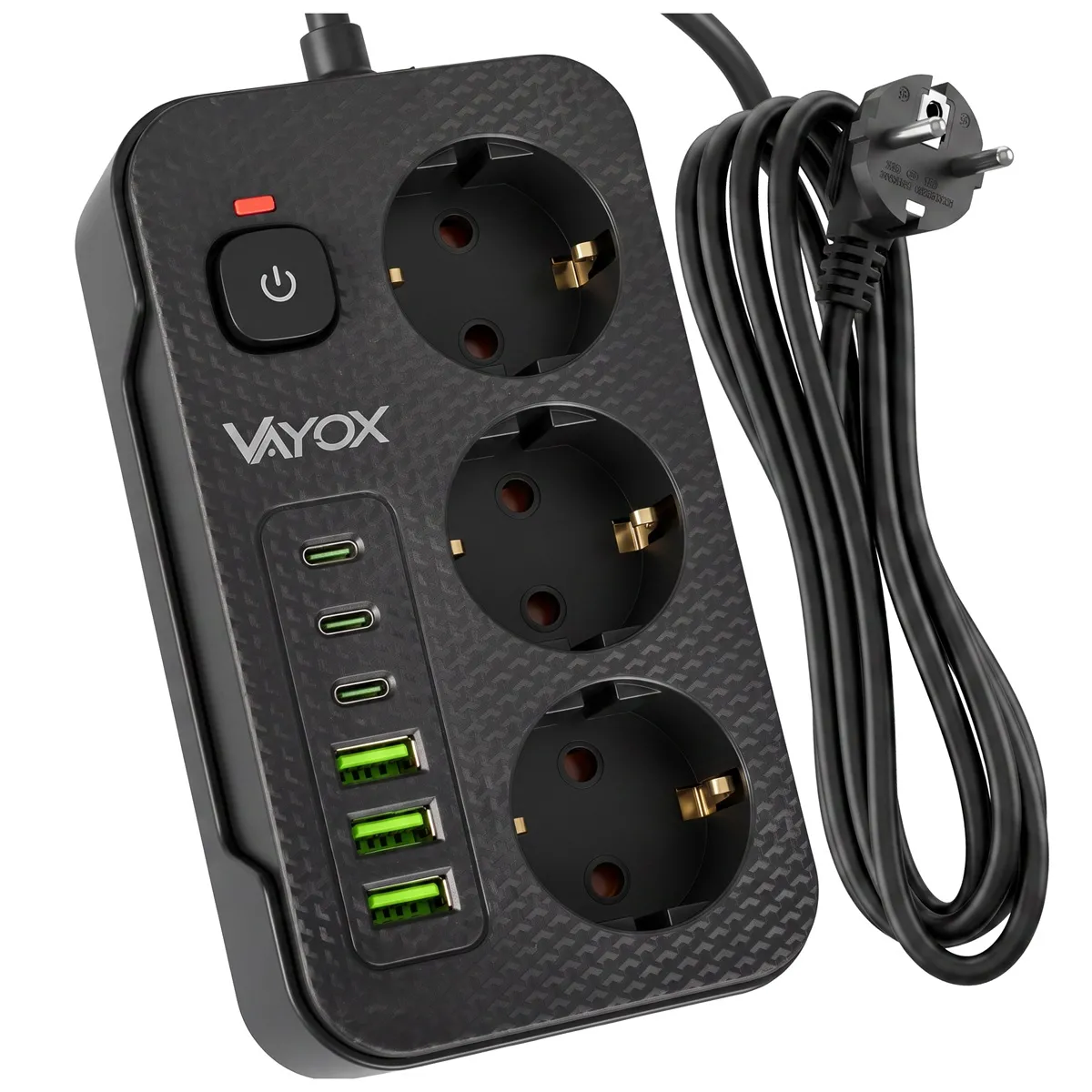 Listwa Vayox VA0468B-2 3x USB-A 3x USB-C 3 gniazda 2m Czarny