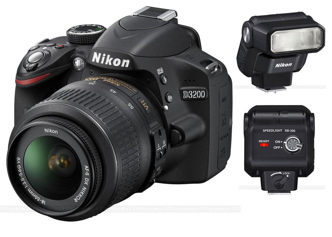 Lustrzanka Nikon D3200 18-55 VR (czarny) + lampa SB-300