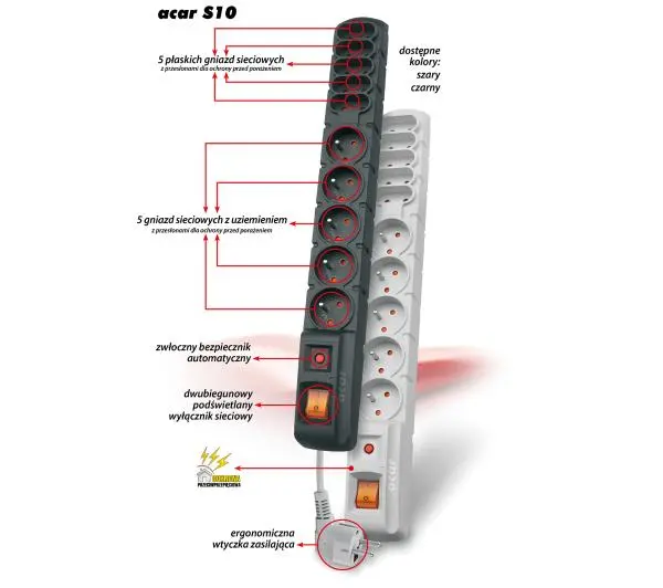 Acar S10 10 gniazd 5m Czarny