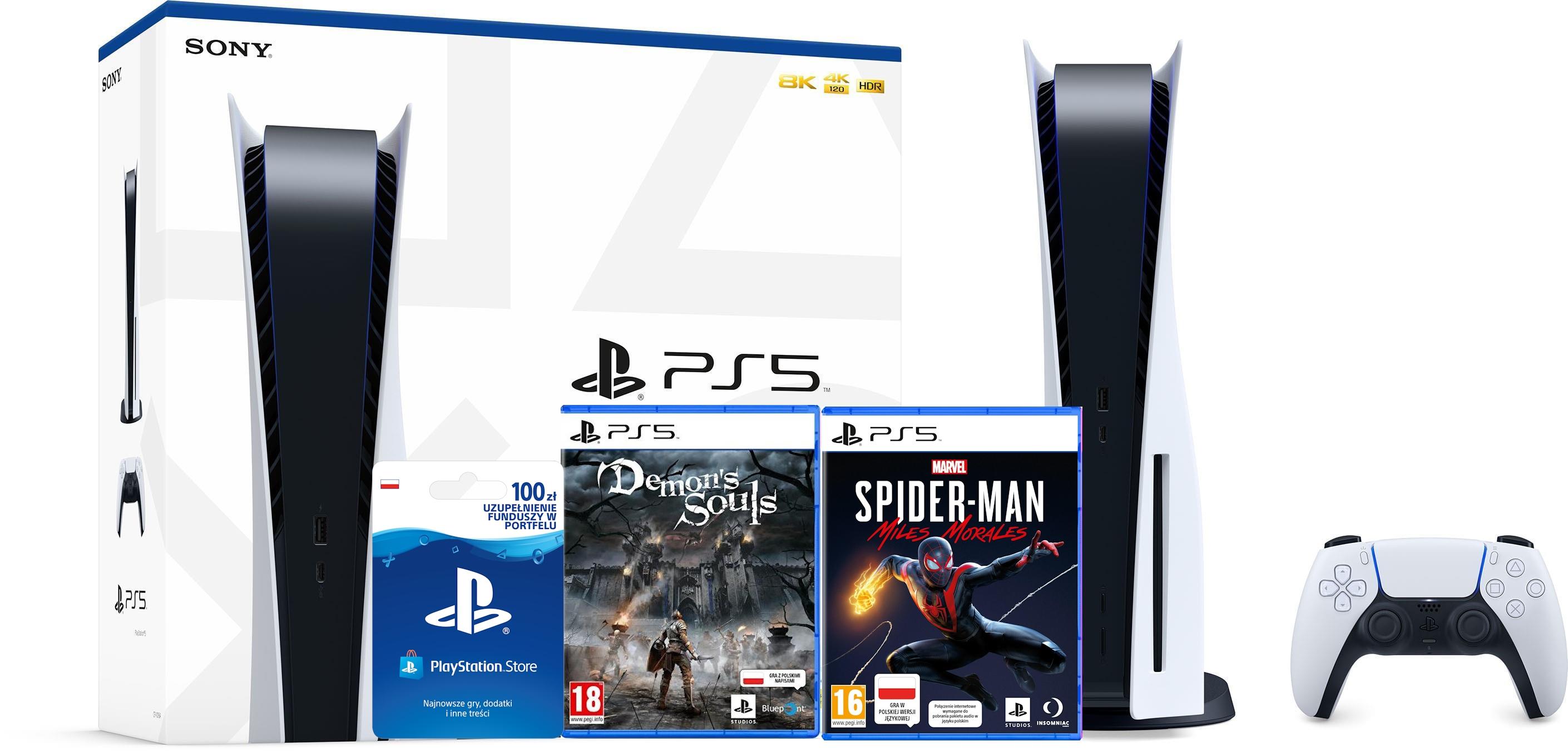 Konsola Sony PlayStation 5 (PS5) + Marvel’s Spider-Man: Miles Morales + Demon's Souls Remake + doładowanie PSN 100 zł