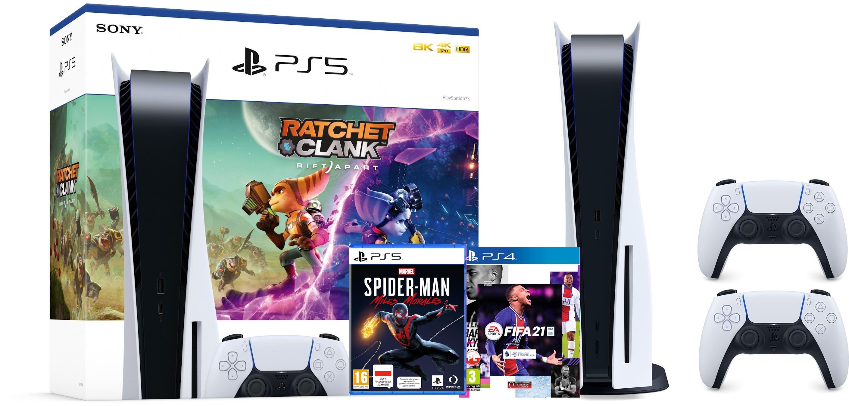 Konsola Sony PlayStation 5 (PS5) Ratchet & Clank: Rift Apart Bundle + Marvel’s Spider-Man: Miles Morales + FIFA 21 + dodatkowy pad