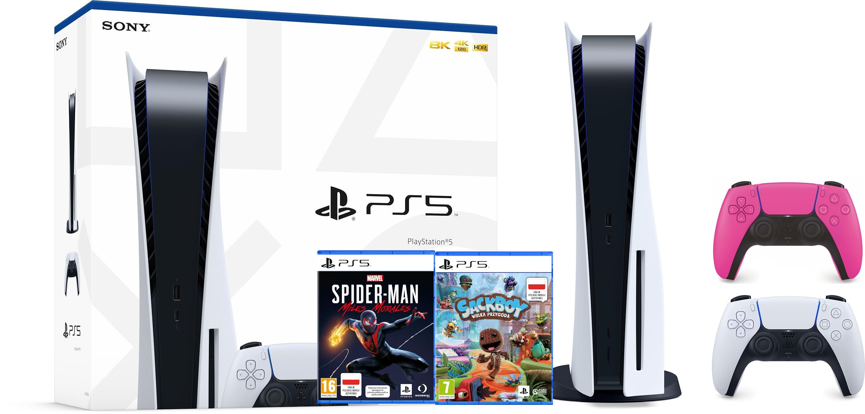 Konsola Sony PlayStation 5 (PS5) z napędem - Marvel’s Spider-Man: Miles Morales - Sackboy: Wielka Przygoda - dodatkowy pad (różowy)