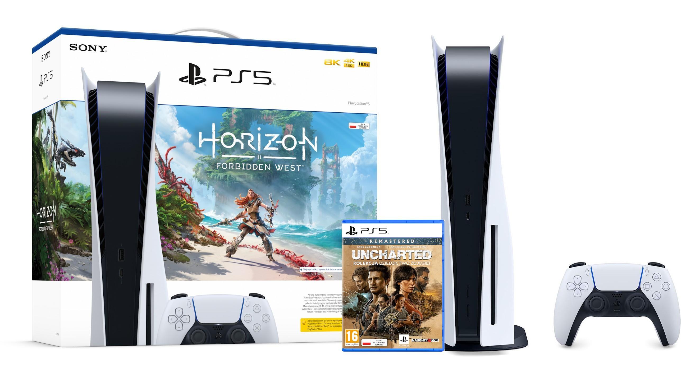 Konsola Sony PlayStation 5 (PS5) z napędem + Horizon Forbidden West + Uncharted: Kolekcja Dziedzictwo Złodziei