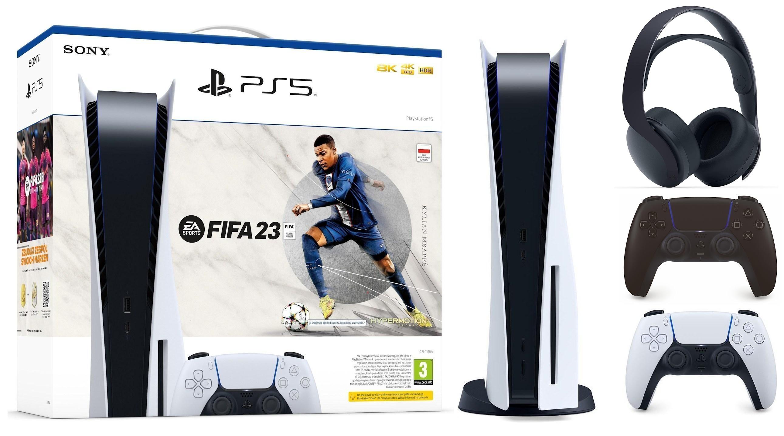Konsola Sony PlayStation 5 (PS5) z napędem - FIFA 23 - dodatkowy pad (czarny) - słuchawki PULSE 3D (czarny)