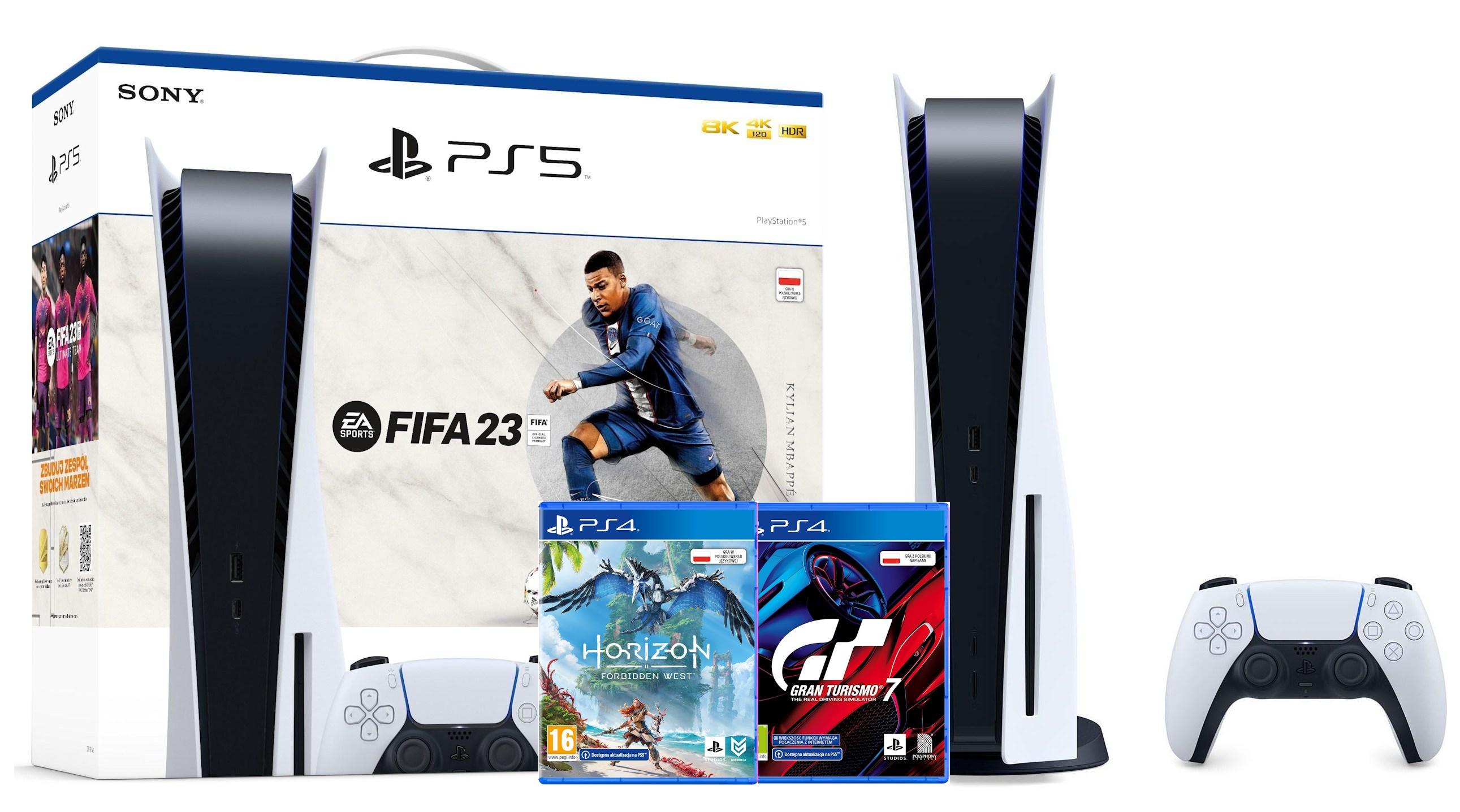 Konsola Sony PlayStation 5 (PS5) z napędem - FIFA 23 - Gran Turismo 7 - Horizon Forbidden West