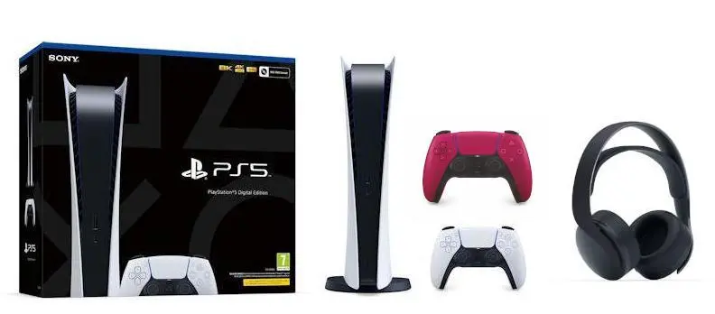 Konsola Sony PlayStation 5 Digital (PS5) + Słuchawki PULSE 3D Czarny + Dodatkowy Pad Czerwony