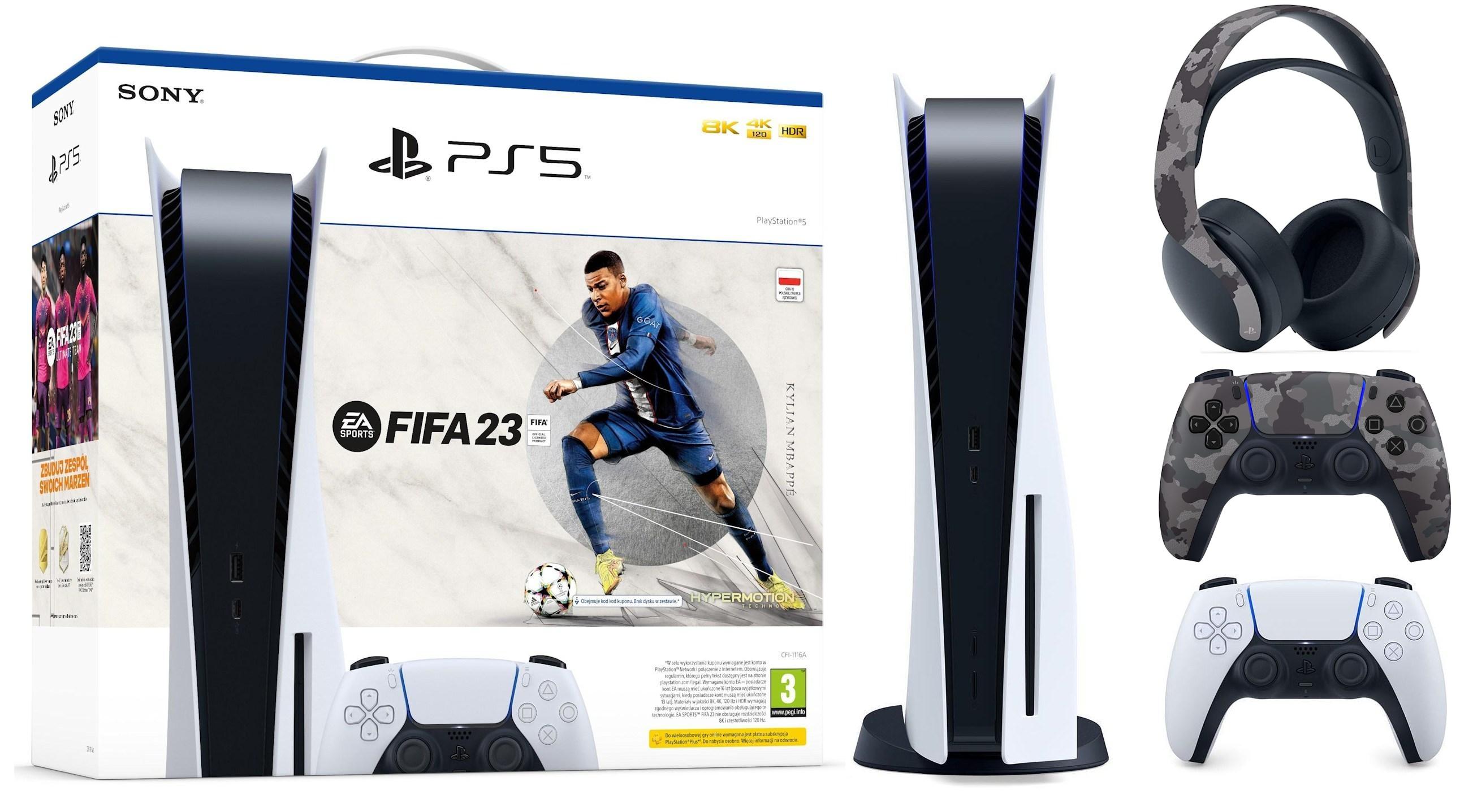 Konsola Sony PlayStation 5 (PS5) z napędem + słuchawki PULSE 3D (szary kamuflaż) + dodatkowy pad (szary kamuflaż) + FIFA 23