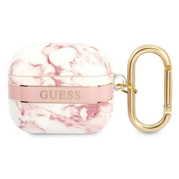 Etui na słuchawki Guess Marble Strap Collection do AirPods 3 Różowo-biały