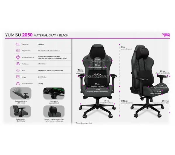 Yumisu 2050 Tkanina Biurowy do 150kg Tkanina Szaro-czarny - Kup na Raty - RRSO 0%