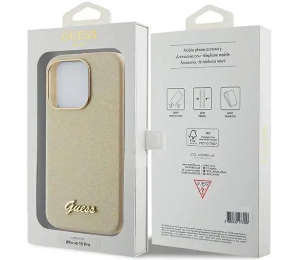 Guess Glitter Glossy Script GUHCP15LPGMCSD do iPhone 15 Pro Beżowy