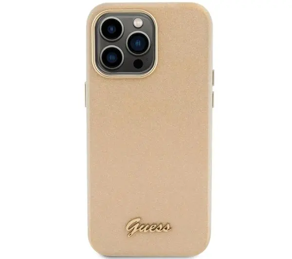 Guess Glitter Glossy Script GUHCP15LPGMCSD do iPhone 15 Pro Beżowy