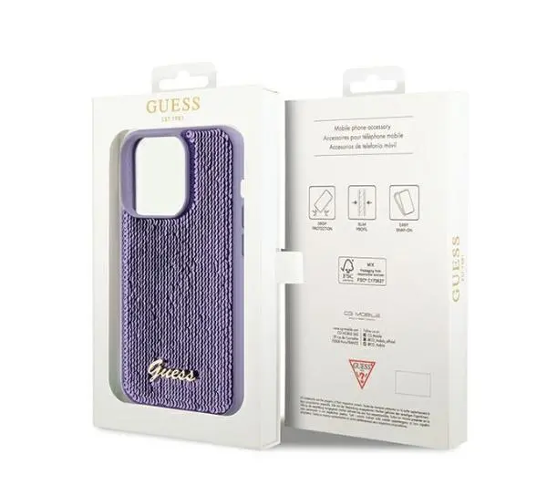 Guess Sequin Script Metal GUHCP14XPSFDGSU do iPhone 14 Pro Max Fioletowy