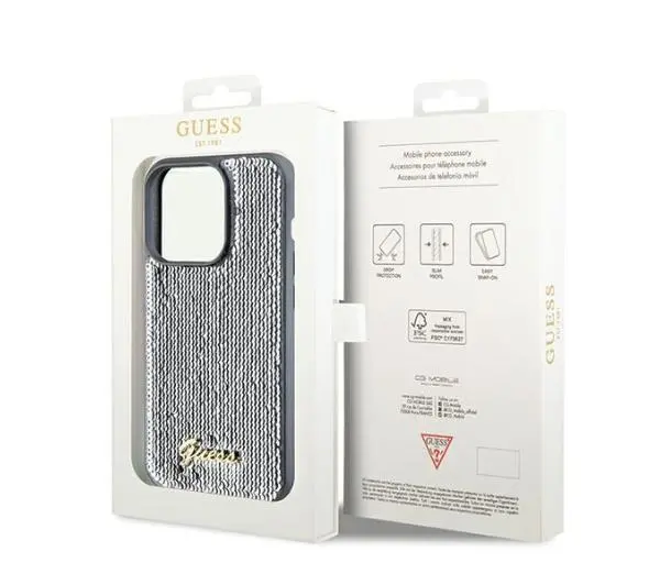 Guess Sequin Script Metal GUHCP14XPSFDGSS do iPhone 14 Pro Max Srebrny