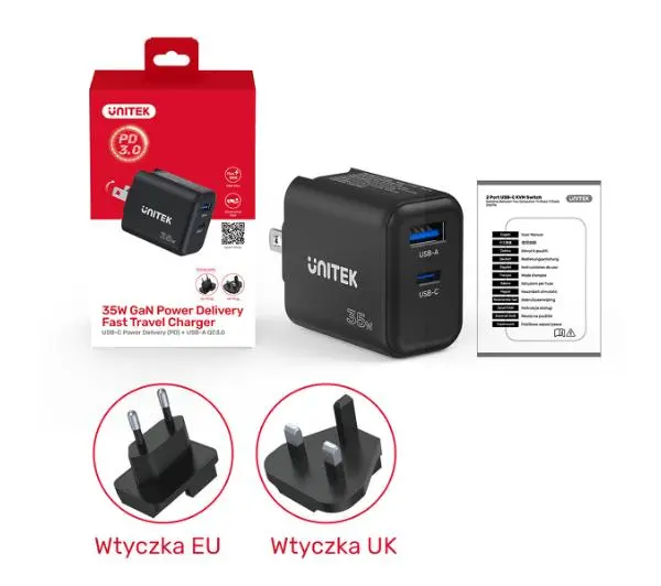 Unitek GaN Power Delivery 35W USB-C USB-A Czarny