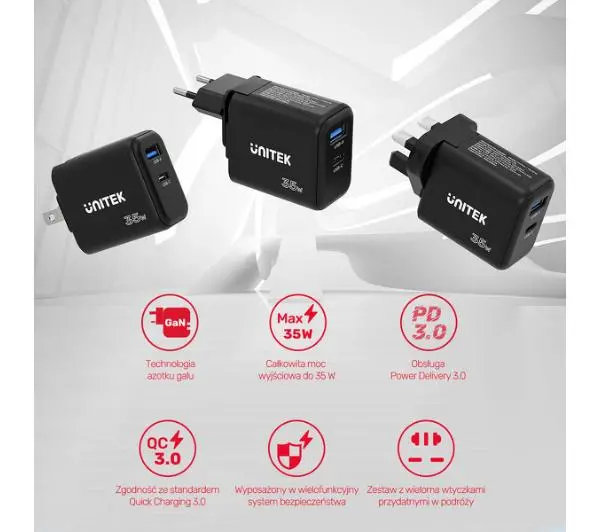 Unitek GaN Power Delivery 35W USB-C USB-A Czarny