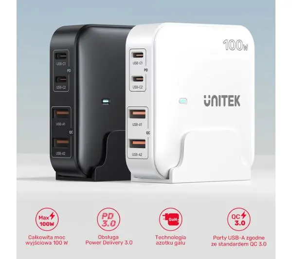 Unitek GaN 100W 2xUSB-A+2xUSB-C Biały