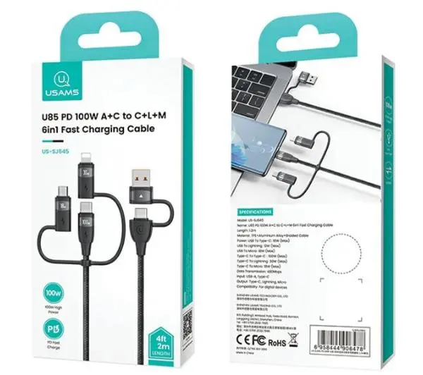 USAMS U85 2xUSB-C USB Micro-USB Lightning 6w1 100W 2m Fioletowy