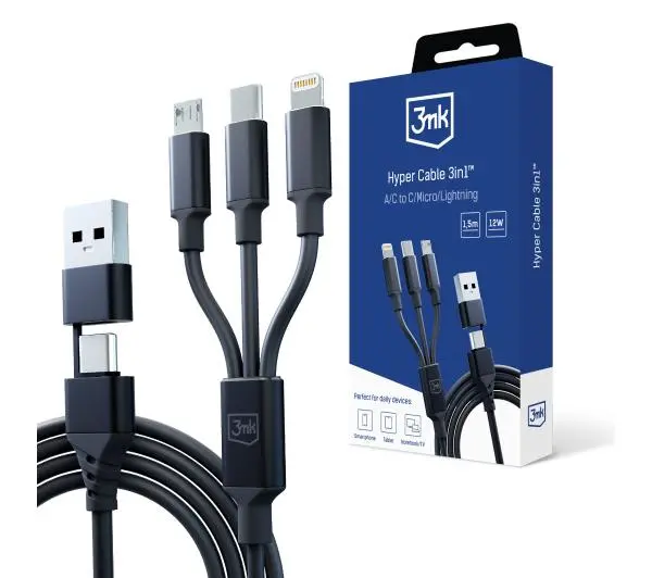 3mk Hyper 3in1 A/C Do C/Micro/Lightning 1,5m Czarny