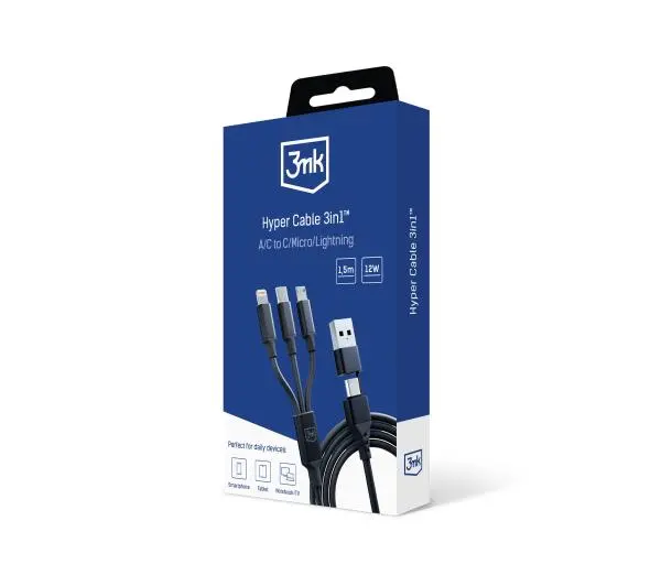 3mk Hyper 3in1 A/C Do C/Micro/Lightning 1,5m Czarny