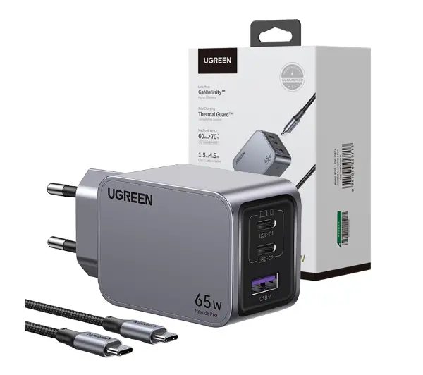 UGREEN 25871 Nexode Pro USB + 2x USB-C 65W + kabel USB-C 1,5m Czarny