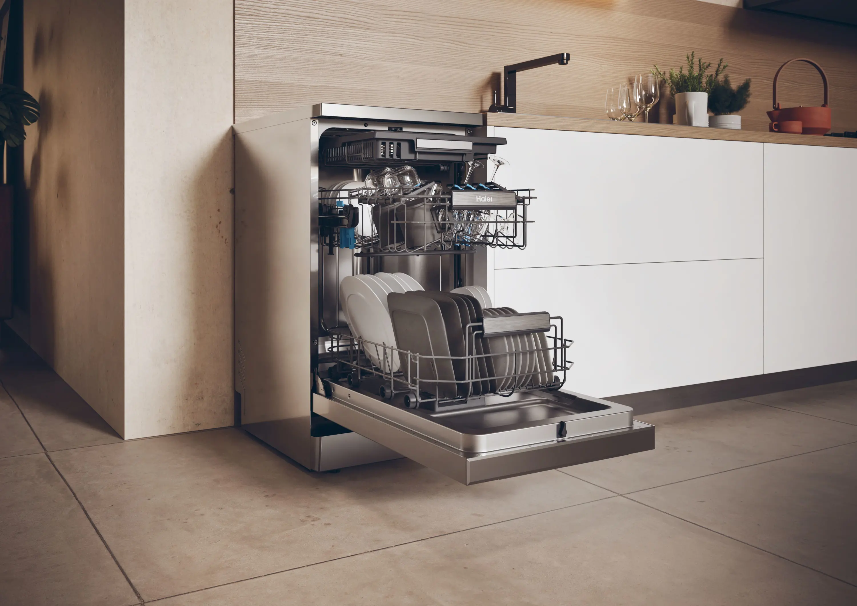 Zmywarka Haier I-Pro Shine Seria 5 XF1C3TB1FX 44,8cm Automatyczne otwieranie drzwi Szuflada na sztućce Zdalne sterowanie