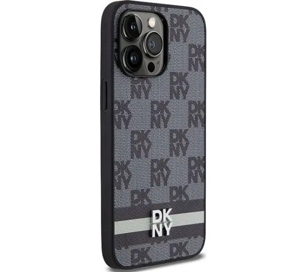 DKNY Leather Checkered Mono Pattern & Printed Stripes iPhone 14 Pro Max Czarny