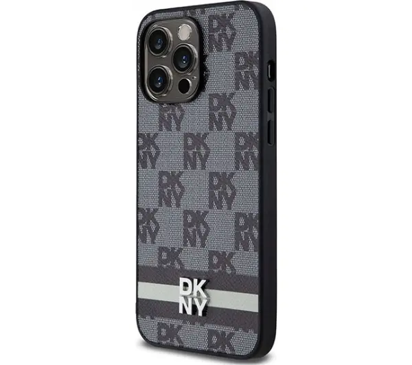 DKNY Leather Checkered Mono Pattern & Printed Stripes iPhone 14 Pro Max Czarny