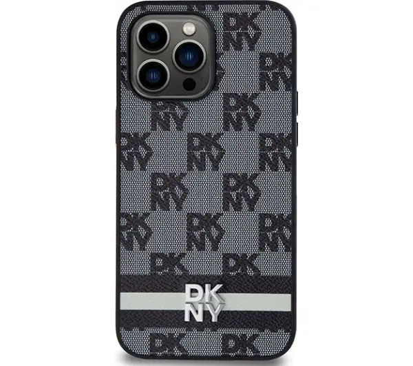 DKNY Leather Checkered Mono Pattern & Printed Stripes iPhone 14 Pro Max Czarny