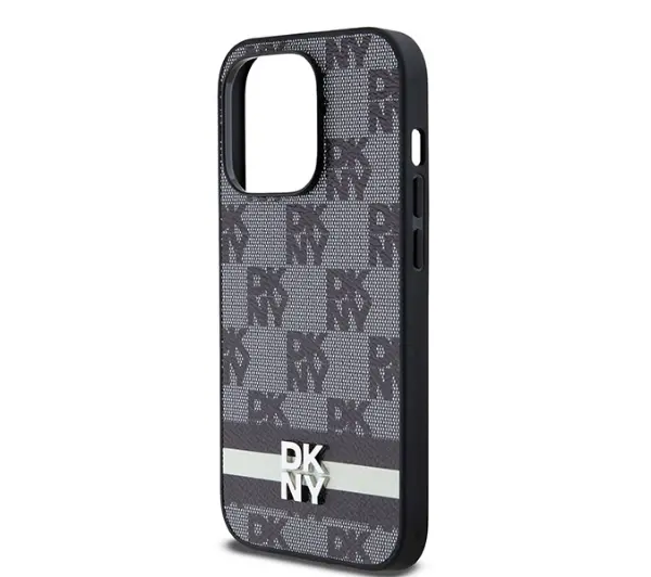 DKNY Leather Checkered Mono Pattern & Printed Stripes do iPhone 14 Pro Czarny
