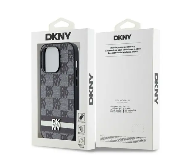 DKNY Leather Checkered Mono Pattern & Printed Stripes do iPhone 14 Pro Czarny