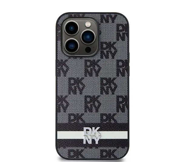 DKNY Leather Checkered Mono Pattern & Printed Stripes do iPhone 14 Pro Czarny