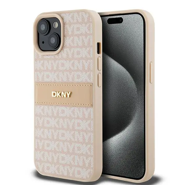Etui DKNY Hardcase Leather Mono Stripe & Metal Logo do iPhone 15 Różowy