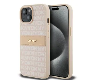 DKNY Hardcase Leather Mono Stripe & Metal Logo do iPhone 15 Różowy