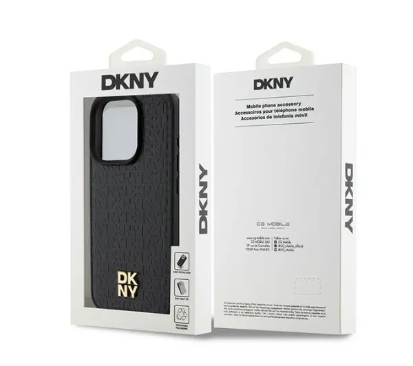 DKNY Leather Pattern Monogram Metal Logo MagSafe do iPhone 15 Pro Czarny