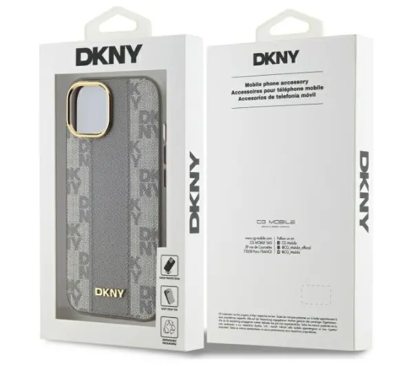 DKNY Leather Checkered Mono Pattern MagSafe do iPhone 15 Plus Beżowy