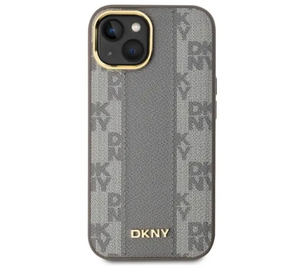 DKNY Leather Checkered Mono Pattern MagSafe do iPhone 15 Plus Beżowy