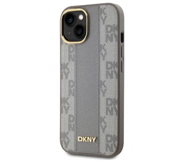 DKNY Leather Checkered Mono Pattern MagSafe do iPhone 15 Plus Beżowy