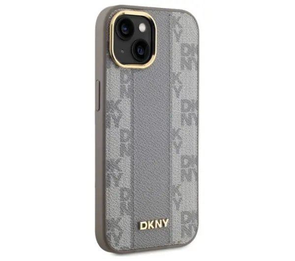 DKNY Leather Checkered Mono Pattern MagSafe do iPhone 15 Plus Beżowy