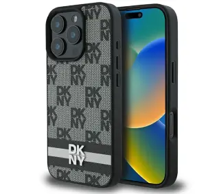 DKNY Checkered Pattern & Printed Stripes do iPhone 16 Pro Max Czarny