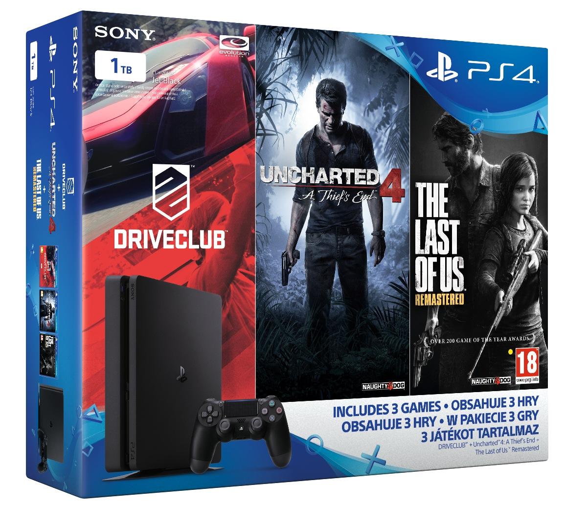 Konsola Sony PlayStation 4 Slim 1TB + Uncharted 4 + Driveclub + The Last of Us Remastered