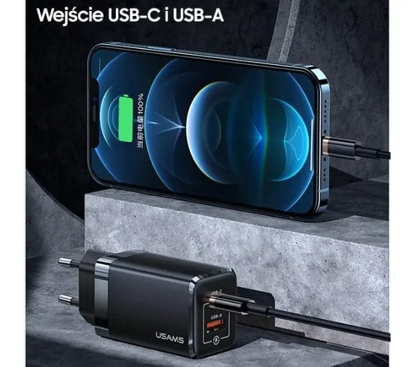 USAMS USB-C+USB GaN 47W PD+QC Fast Charging Biały